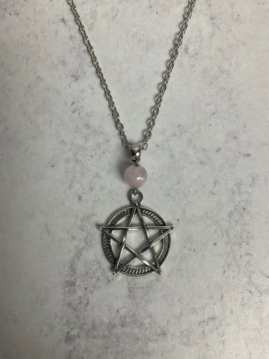 Pentagram with Rose Quartz bead pendant